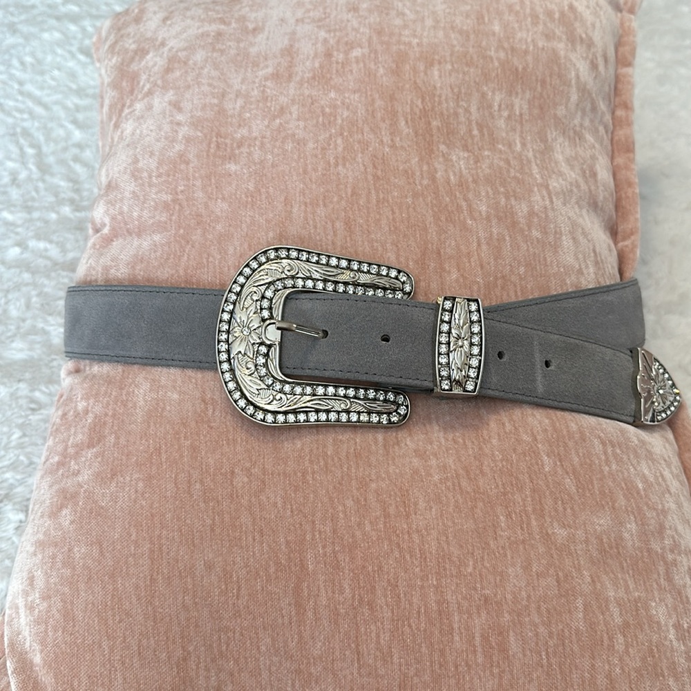 Genuine Suede Floral Print and Rhinestone Gray Women’s Belt